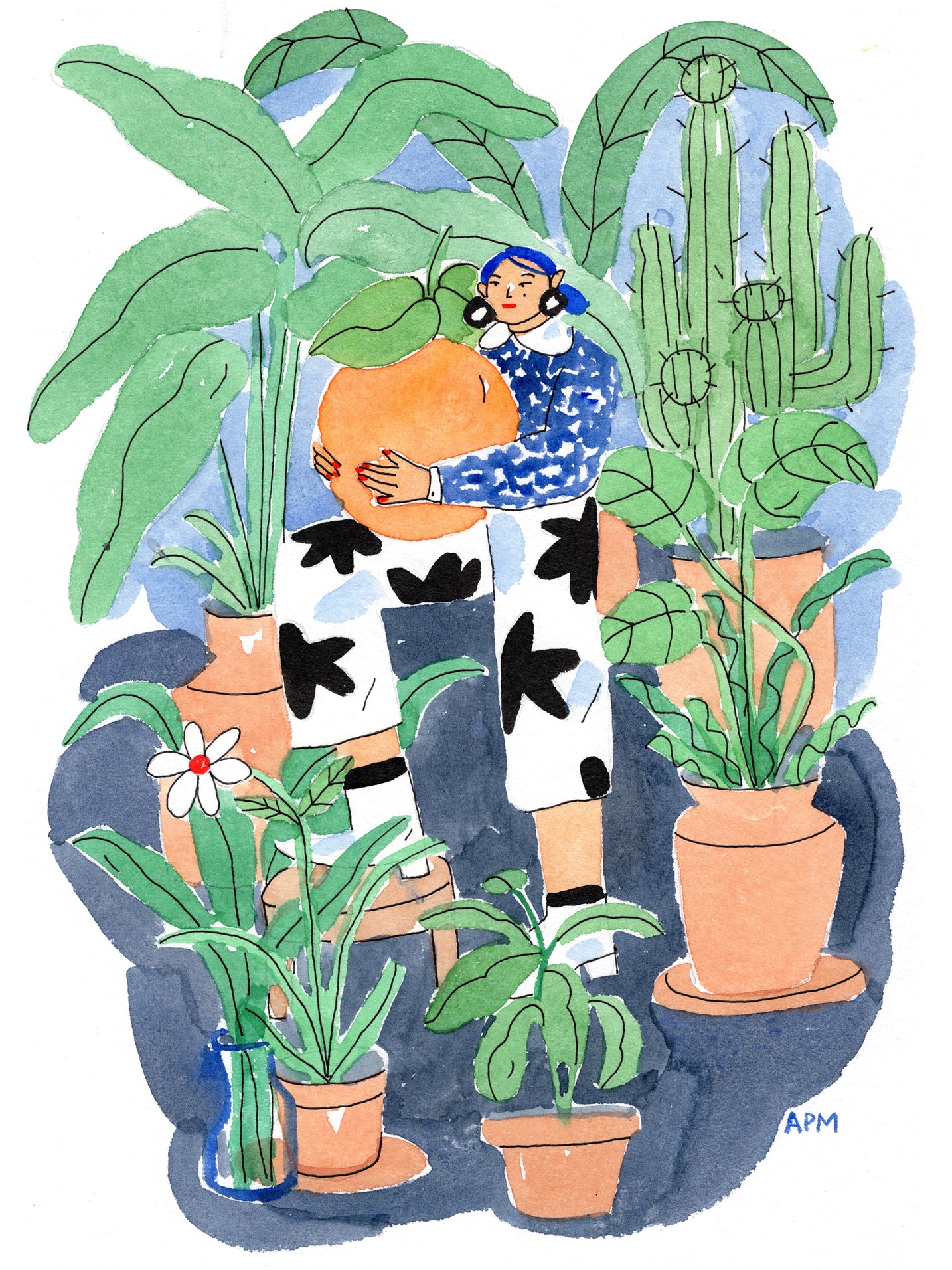 Floral or Botanical T shirt for woman in Canada. Short sleeve 100% cotton women’s shirt featuring a woman surrounded by her beloved urban jungle, designed by Latino artist Ana Paula Machuca. Made in Peru.