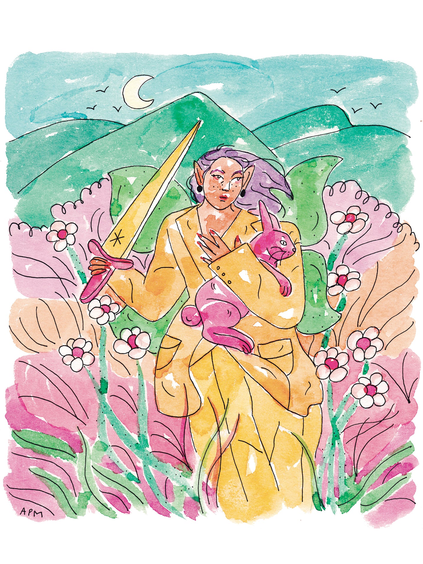 Women's short sleeve 100% cotton shirt featuring a woman warrior surrounded by highlands and nature, designed by Latino artist Ana Paula Machuca. Made in Peru